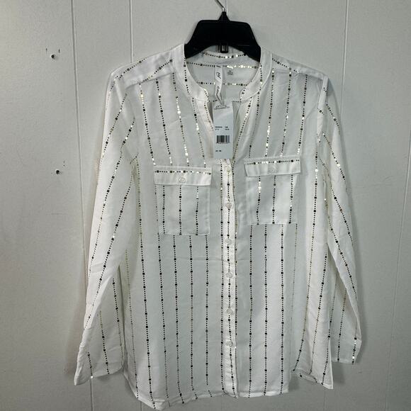NY Collection Womens Button Front Blouse Size Petite Medium White Gold Sheer New - Picture 1 of 13